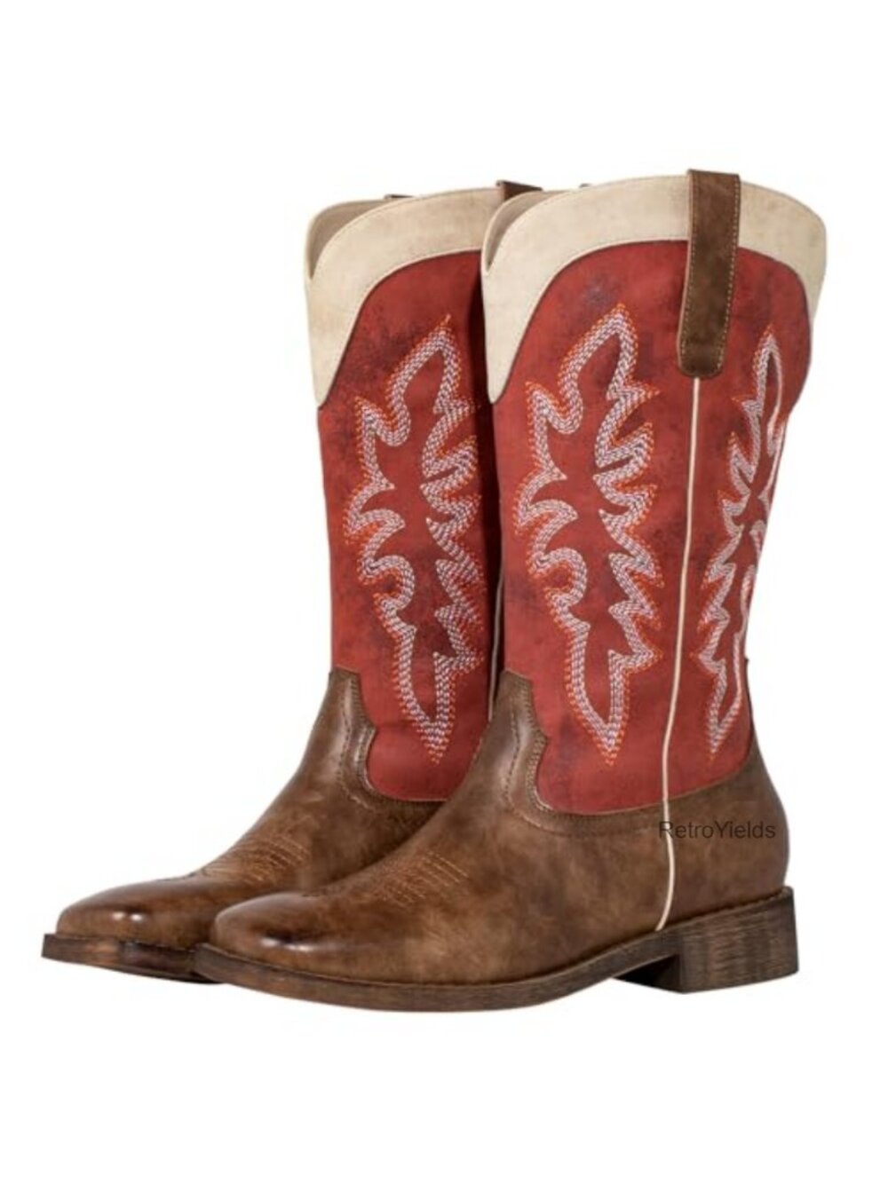 SheSole Square Toe Cowgirl Boots Women Wide Calf Pull-On Embroidered Mid-Calf